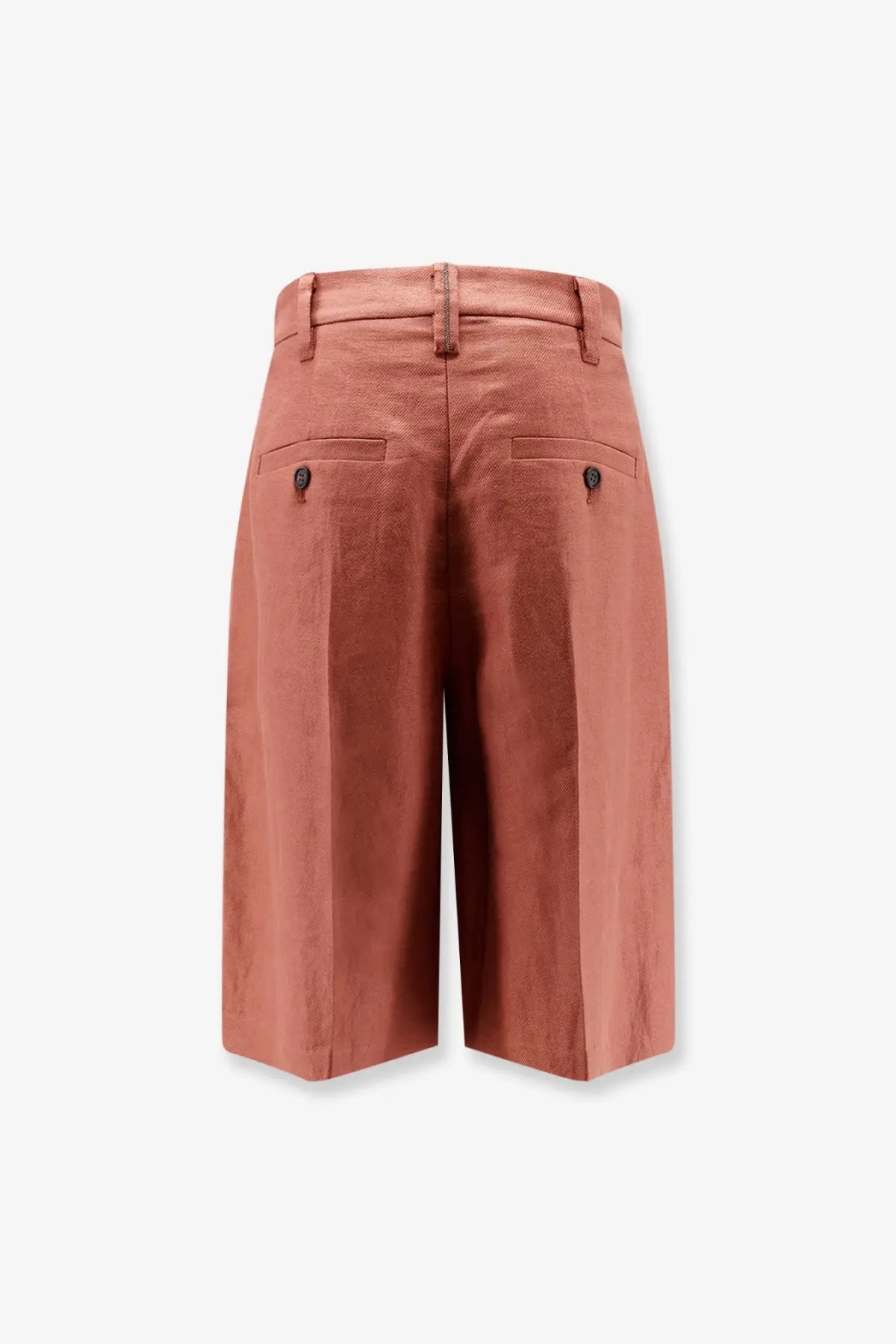 Brunello cucinelli women’s cropped high waisted terracotta linen shorts with front pockets and black button closures