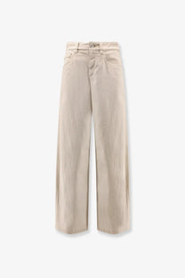 Beige wide-leg denim trousers with straight cut and subtle vertical stitching from Brunello Cucinelli women’s collection
