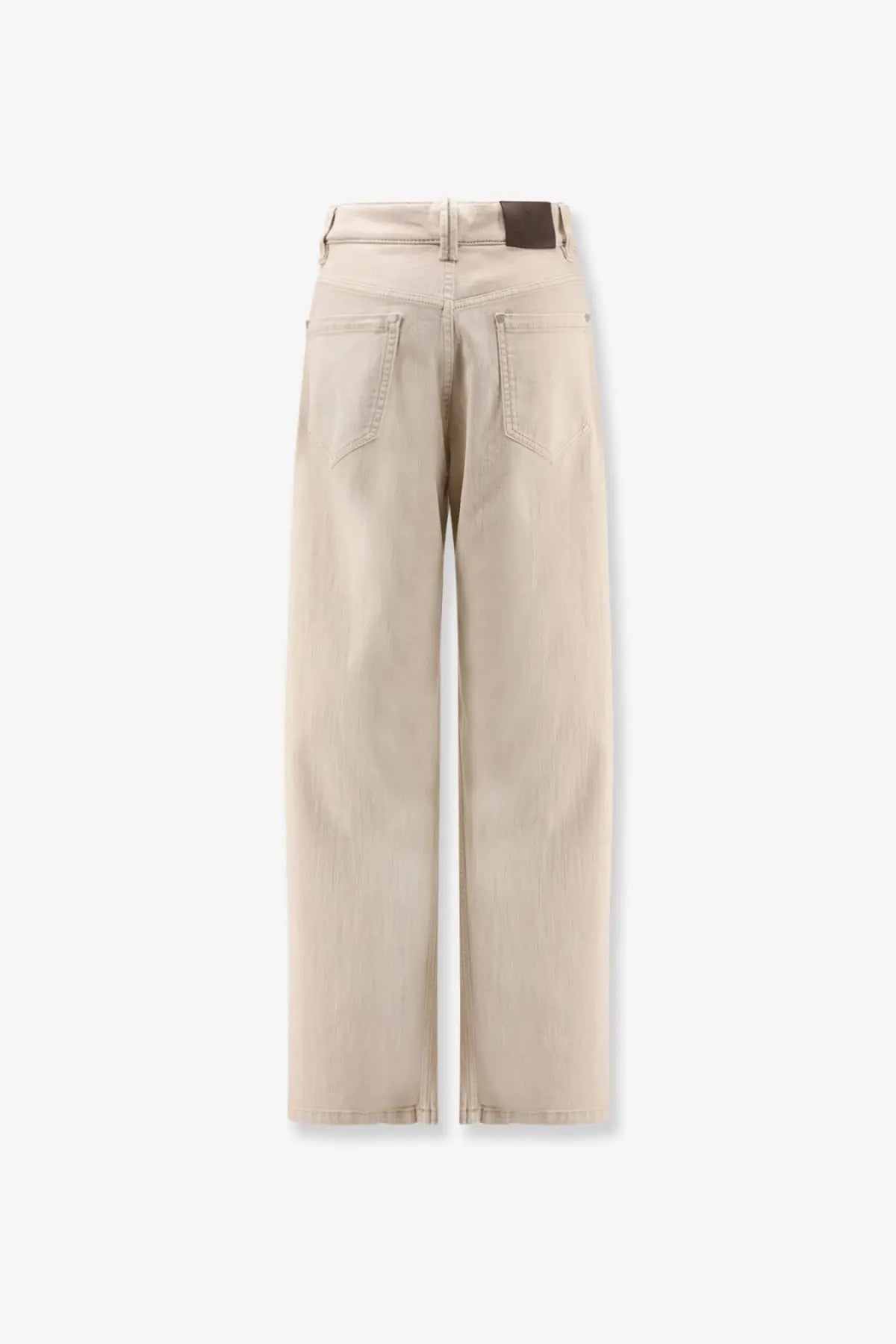 Beige wide-leg denim jeans with minimalist design and dark brown leather patch at waistband by brunello cucinelli