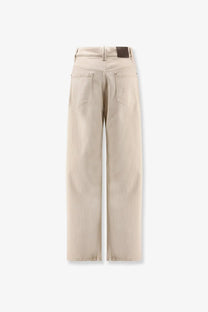 Beige wide-leg denim jeans with minimalist design and dark brown leather patch at waistband by brunello cucinelli