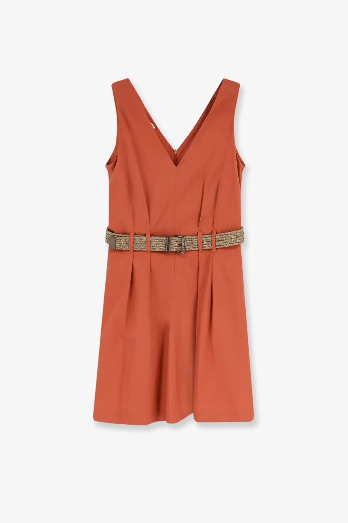 Brunello Cucinelli women’s sleeveless terracotta mini dress with v-neckline pleated skirt and woven belt with metallic buckle