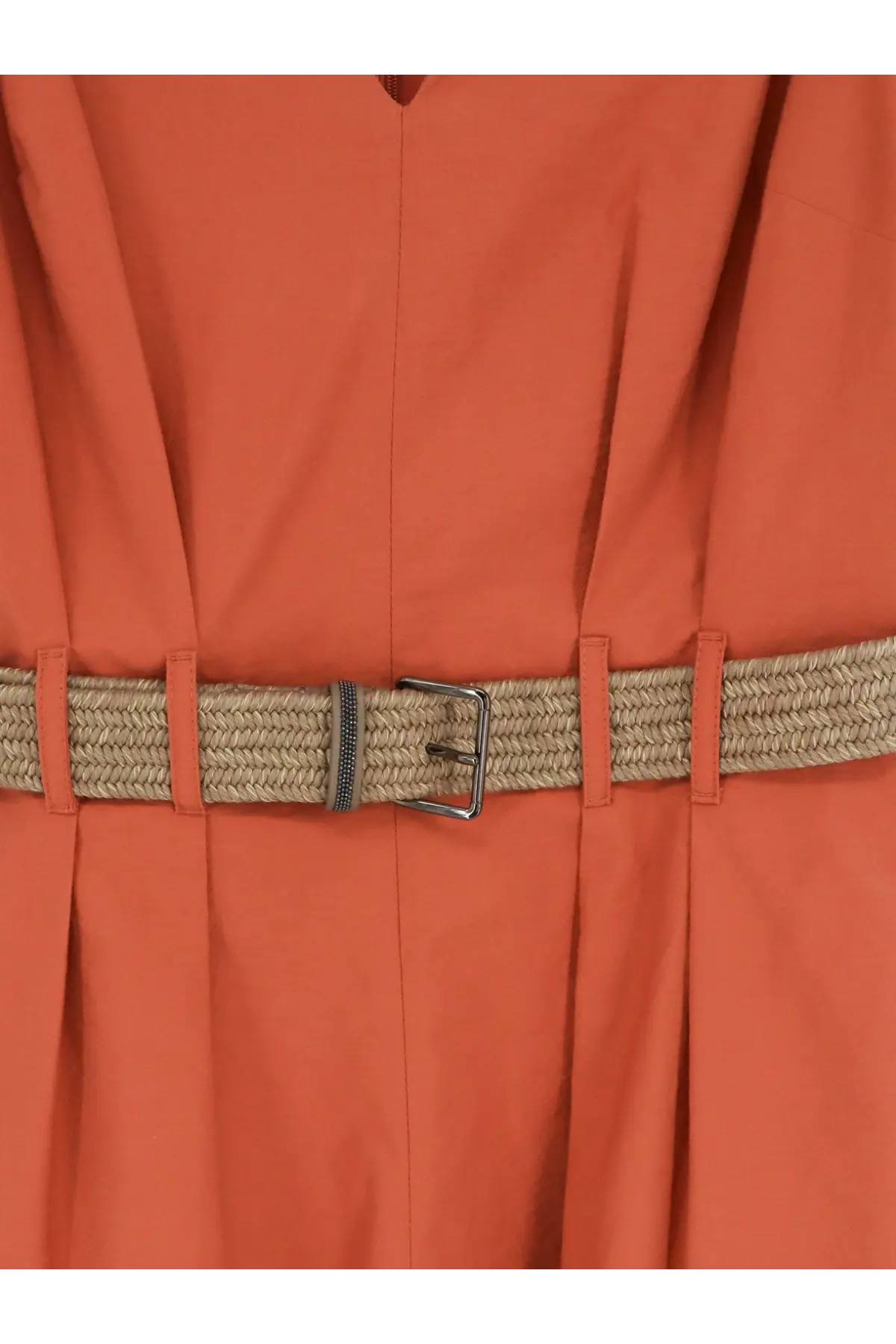 A woven beige belt with a silver-toned buckle and textured gray accent strip paired with brunello cucinelli women’s mini dress beige