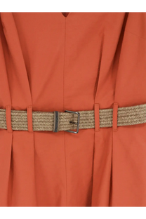 A woven beige belt with a silver-toned buckle and textured gray accent strip paired with brunello cucinelli women’s mini dress beige