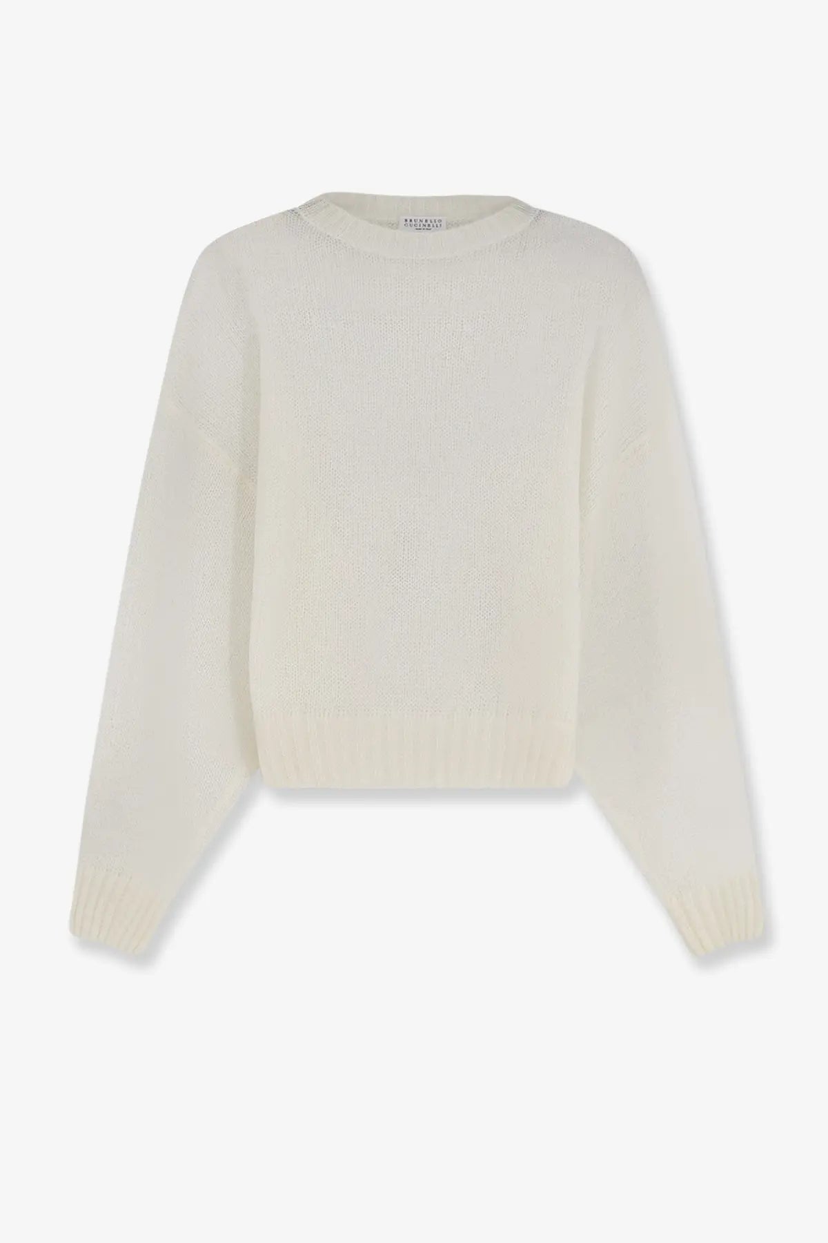 Cream-colored ribbed-knit sweater with relaxed fit and long sleeves made of mohair and wool blend by Brunello Cucinelli