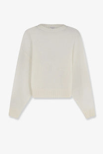 Cream-colored ribbed-knit sweater with relaxed fit and long sleeves made of mohair and wool blend by Brunello Cucinelli