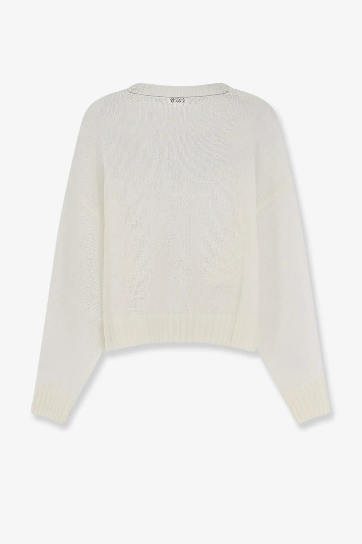 Brunello Cucinelli women’s cream-colored long-sleeved mohair and wool blend sweater with ribbed texture and relaxed fit