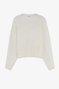 Brunello Cucinelli women’s cream-colored long-sleeved mohair and wool blend sweater with ribbed texture and relaxed fit
