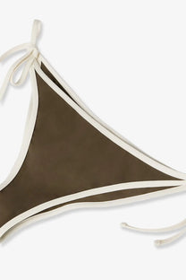 Brunello Cucinelli women’s nylon bikini bottoms in brown with cream trim and matching tie straps front view