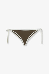 Brunello Cucinelli women’s nylon brown triangle bikini bottom with white trim and matching side ties front view