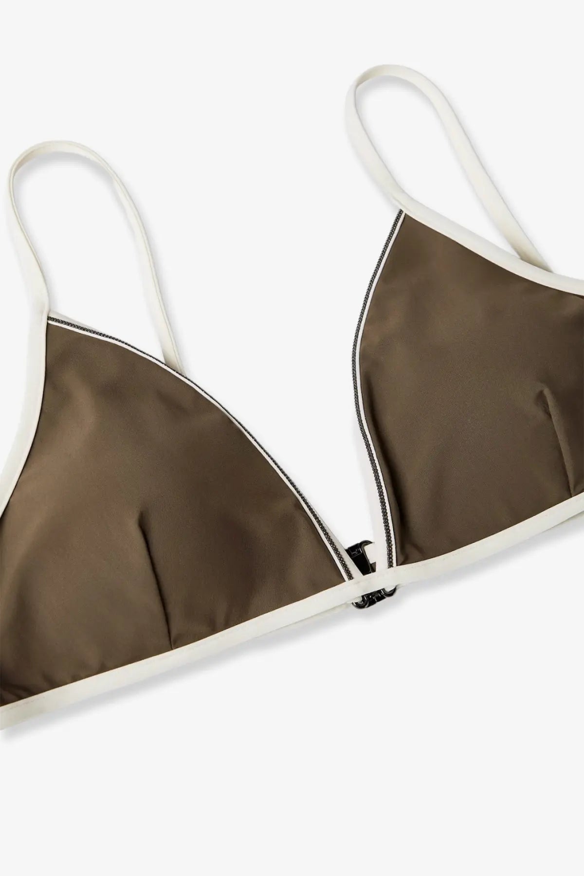 Brunello Cucinelli women’s nylon brown triangle bikini top with white straps and zipper closure at center