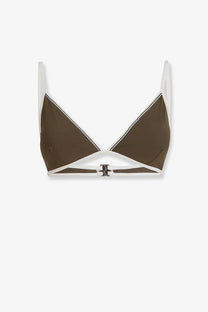 Brunello cucinelli women’s nylon bikini top in brown and white with a central metallic clasp