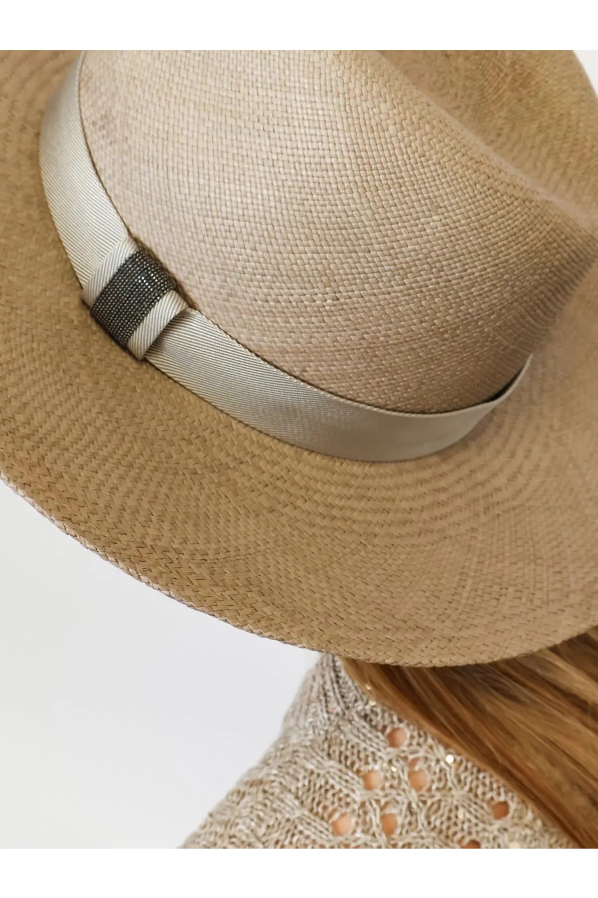 Beige woven raffia fedora hat by Brunello Cucinelli with satin ribbon band and textured gray accent military style
