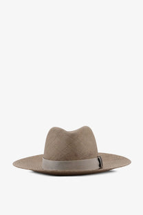 Beige woven straw fedora hat with matching ribbon band brunello cucinelli women’s raffia military style