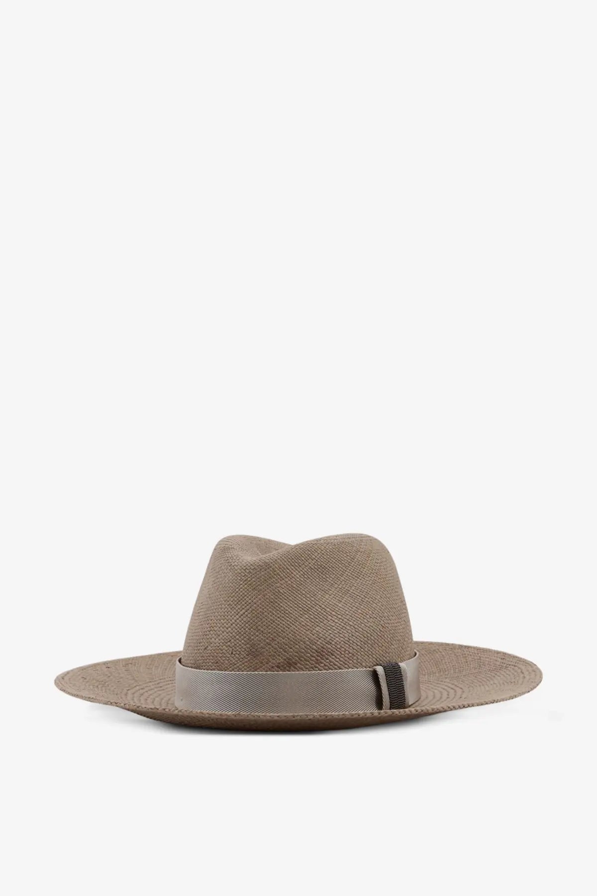 Beige woven raffia fedora hat with matching ribbon band by Brunello Cucinelli womens military style