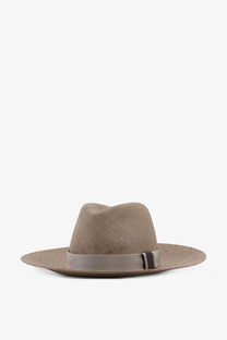 Beige woven raffia fedora hat with matching ribbon band by Brunello Cucinelli womens military style