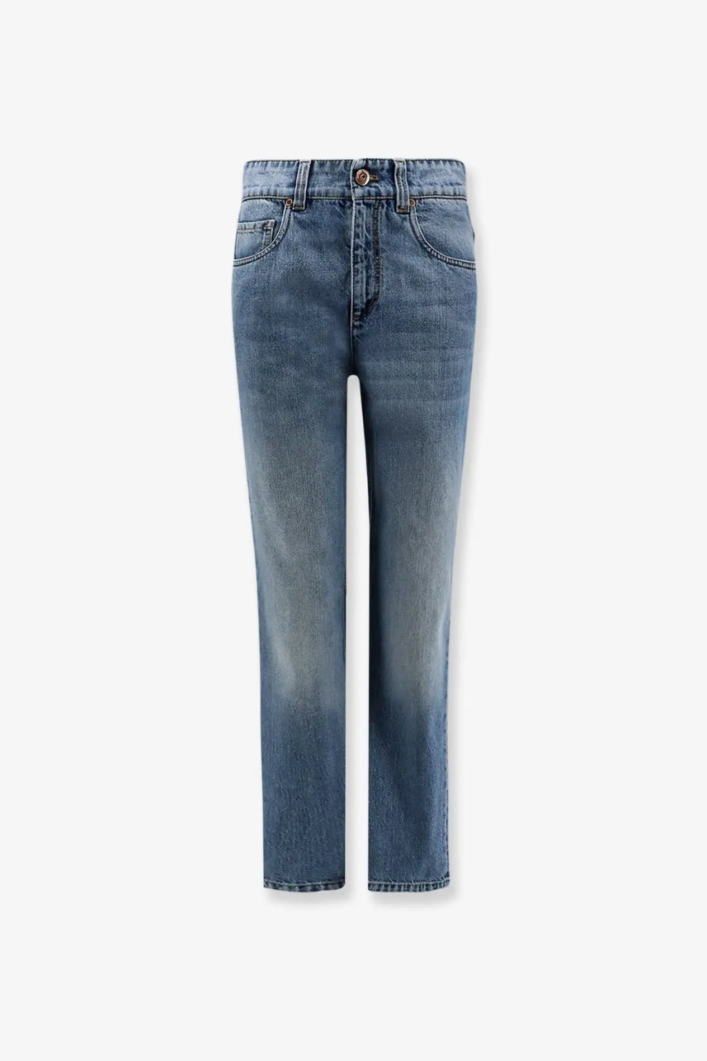 High waisted straight leg denim jeans in faded medium blue wash with five pockets and button closure by brunello cucinelli