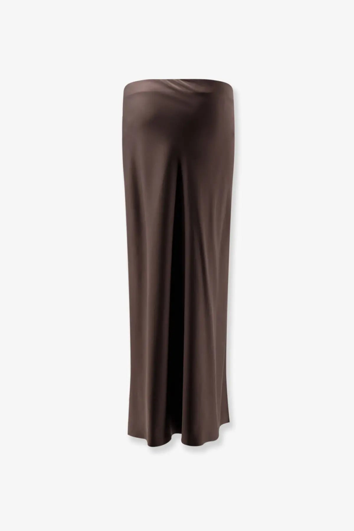 Brunello Cucinelli women’s chocolate brown satin maxi skirt with high waist and central front slit