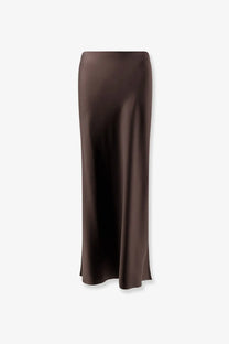 Brunello Cucinelli women’s satin long skirt brown in chocolate brown with a smooth flowing drape and subtle sheen