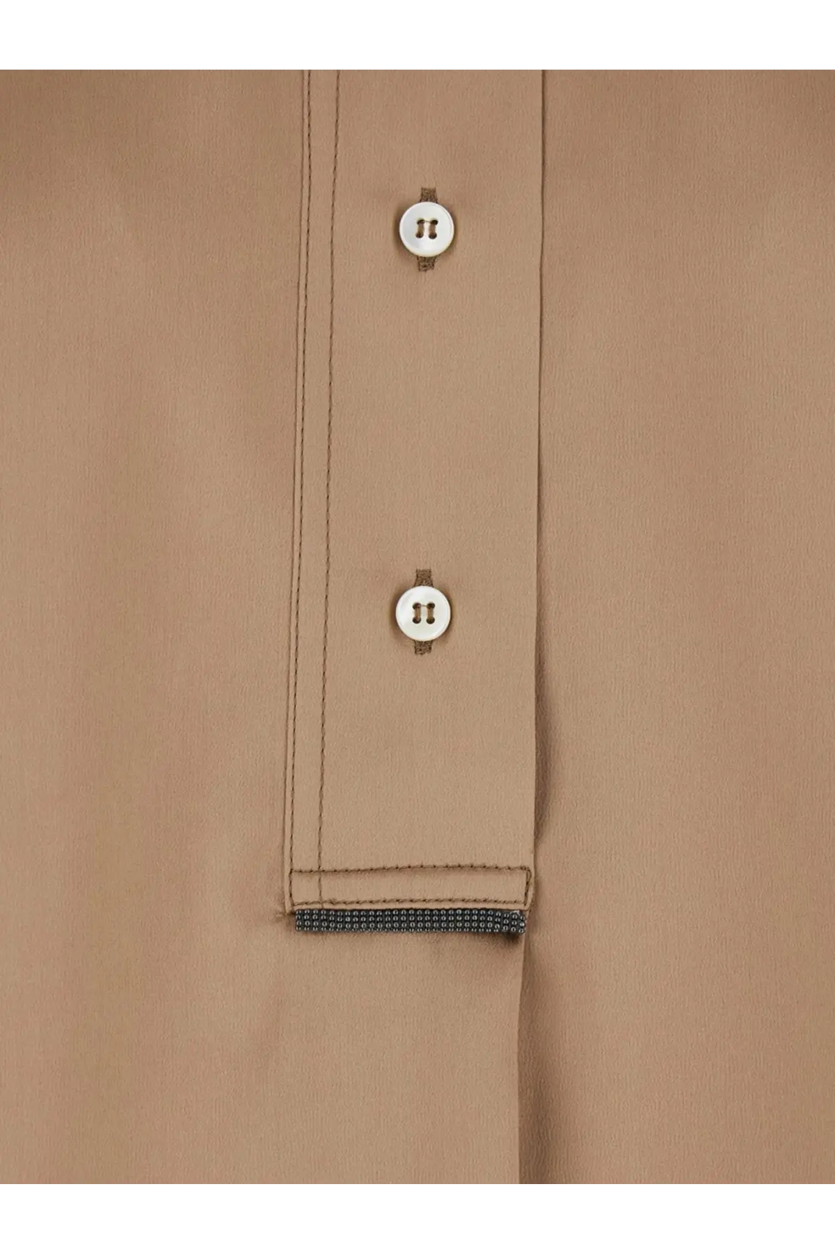 Brunello Cucinelli women’s brown silk blend shirt with beige button-up front and subtle textured hem detail