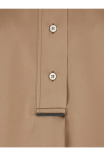 Brunello Cucinelli women’s brown silk blend shirt with beige button-up front and subtle textured hem detail