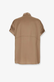 Brunello Cucinelli women’s camel brown silk blend short-sleeved shirt with subtle sheen and clean stitching details