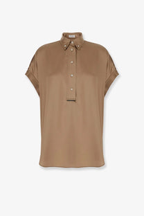 Brunello Cucinelli women’s camel-colored silk blend blouse with classic collar and short sleeves