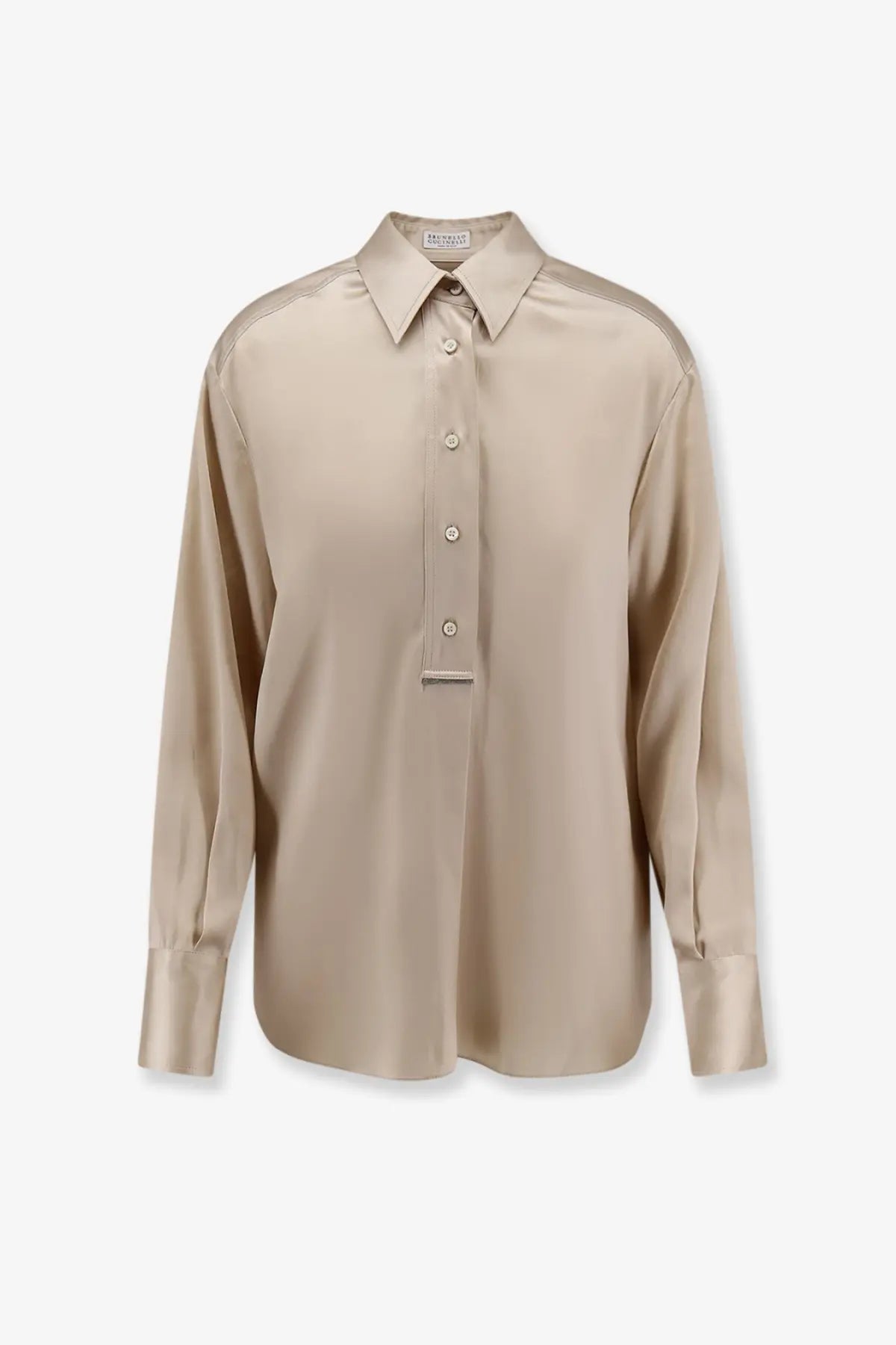 Beige satin silk shirt for women by brunello cucinelli with classic collar and long sleeves button down style