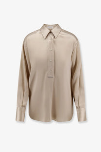 Beige satin silk shirt for women by brunello cucinelli with classic collar and long sleeves button down style