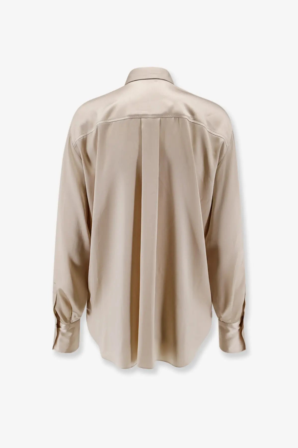 Brunello Cucinelli women’s beige silk satin button-down shirt with classic collar and long sleeves