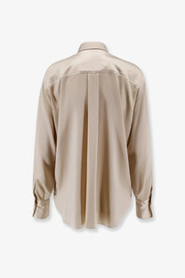 Brunello Cucinelli women’s beige silk satin button-down shirt with classic collar and long sleeves