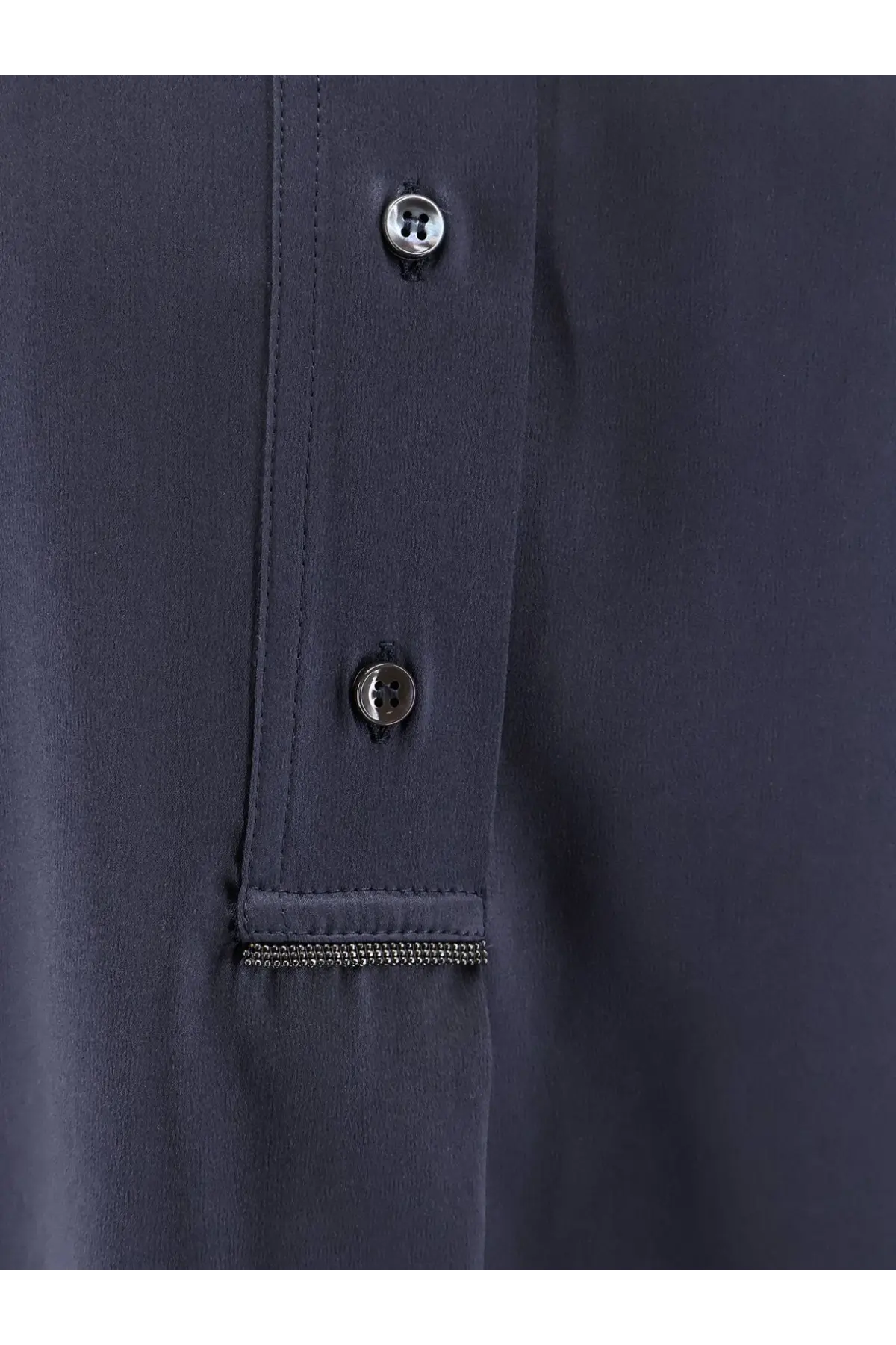 Brunello Cucinelli women’s black silk shirt with dark blue button-up design silver-toned buttons and metallic trim