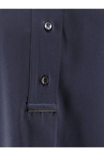 Brunello Cucinelli women’s black silk shirt with dark blue button-up design silver-toned buttons and metallic trim
