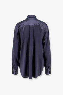 Brunello Cucinelli women’s silk shirt black in sleek dark navy satin with classic collar and long sleeves