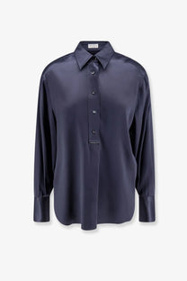 Brunello Cucinelli women’s silk shirt in sleek navy blue satin with button-down front and classic collar long sleeves