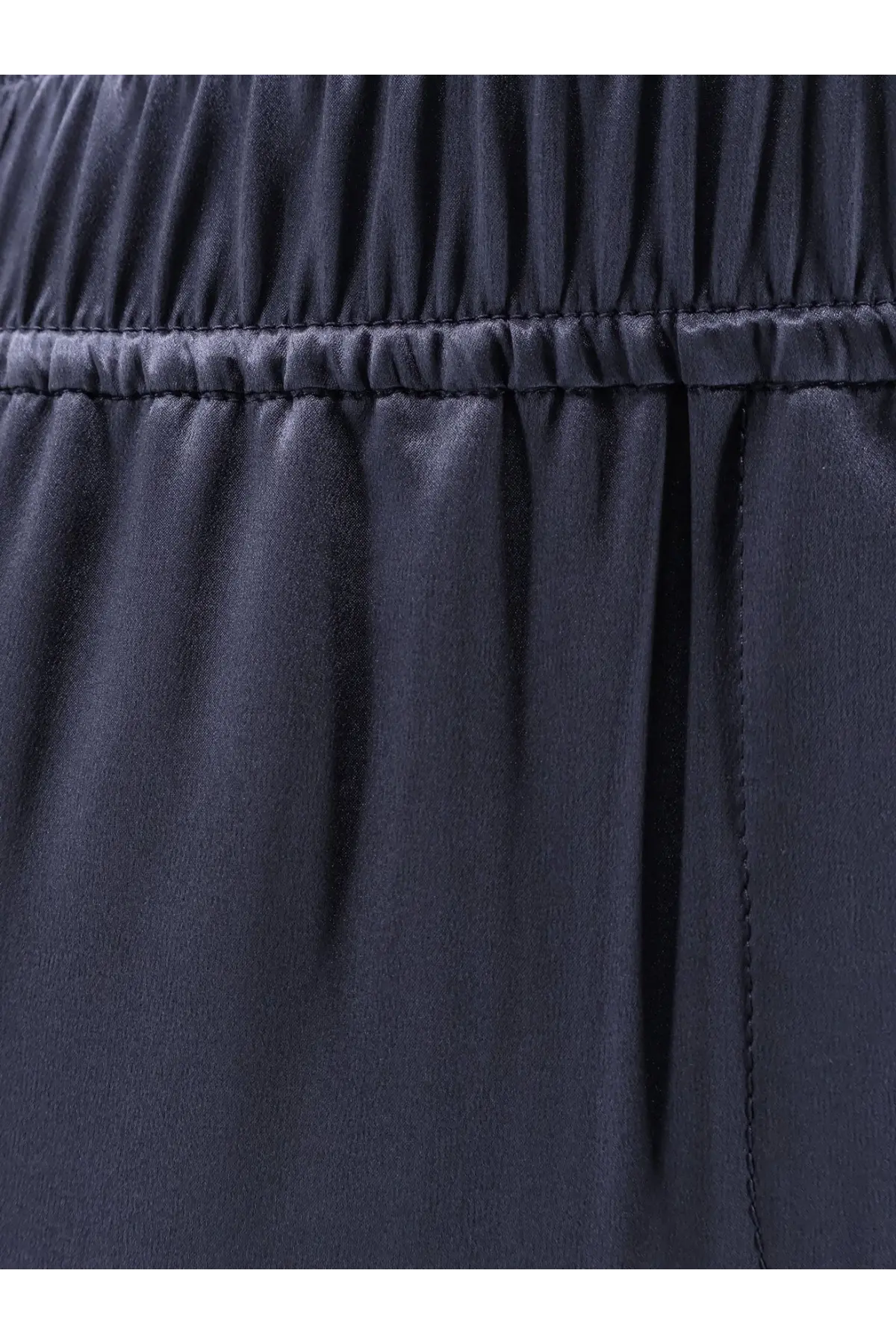 Brunello Cucinelli women’s black silk trousers with dark navy smooth fabric and gathered elastic waistband