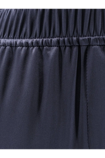 Brunello Cucinelli women’s black silk trousers with dark navy smooth fabric and gathered elastic waistband