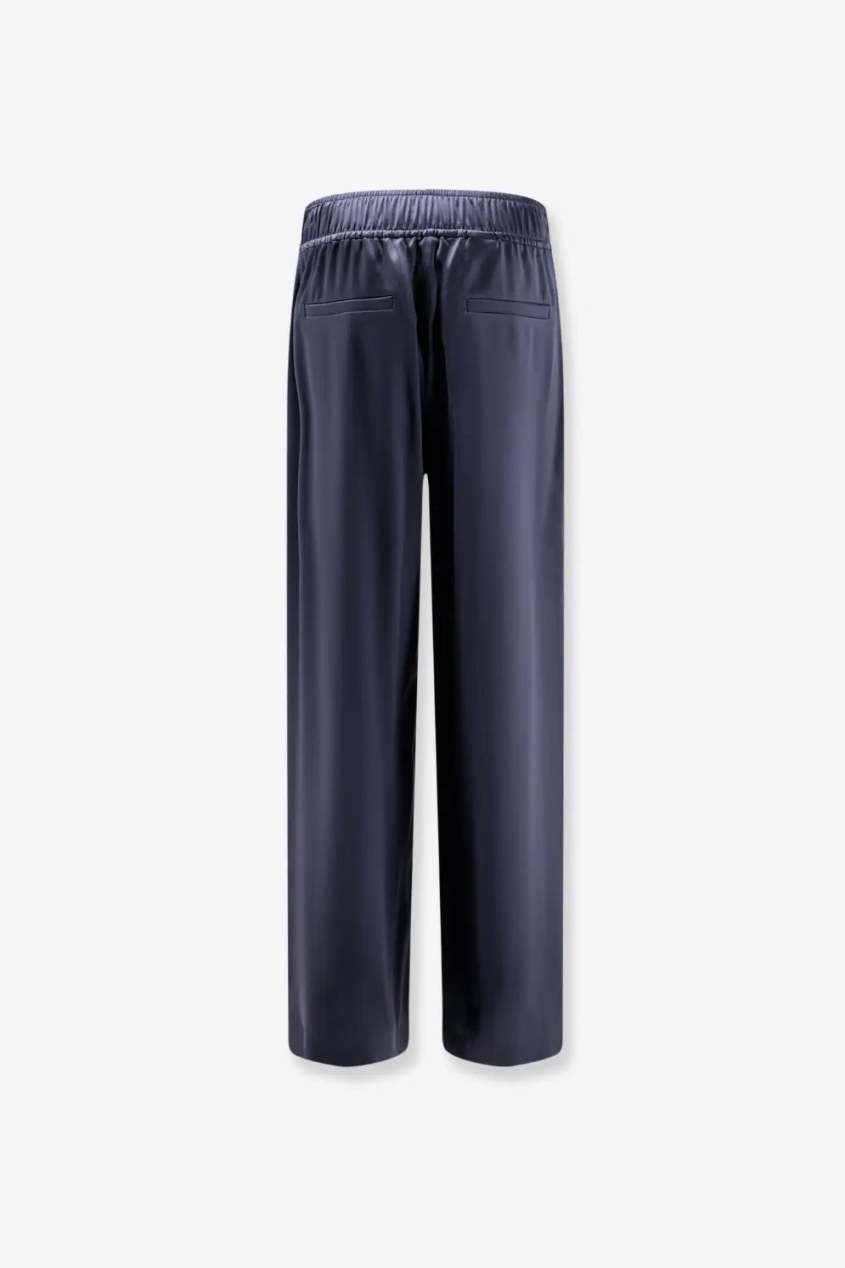Dark navy silk satin trousers with elastic waistband and two back pockets shown from the back by brunello cucinelli women