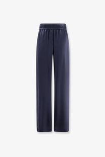 Brunello Cucinelli women’s navy blue silk wide-leg trousers with elastic waistband for elegant comfort