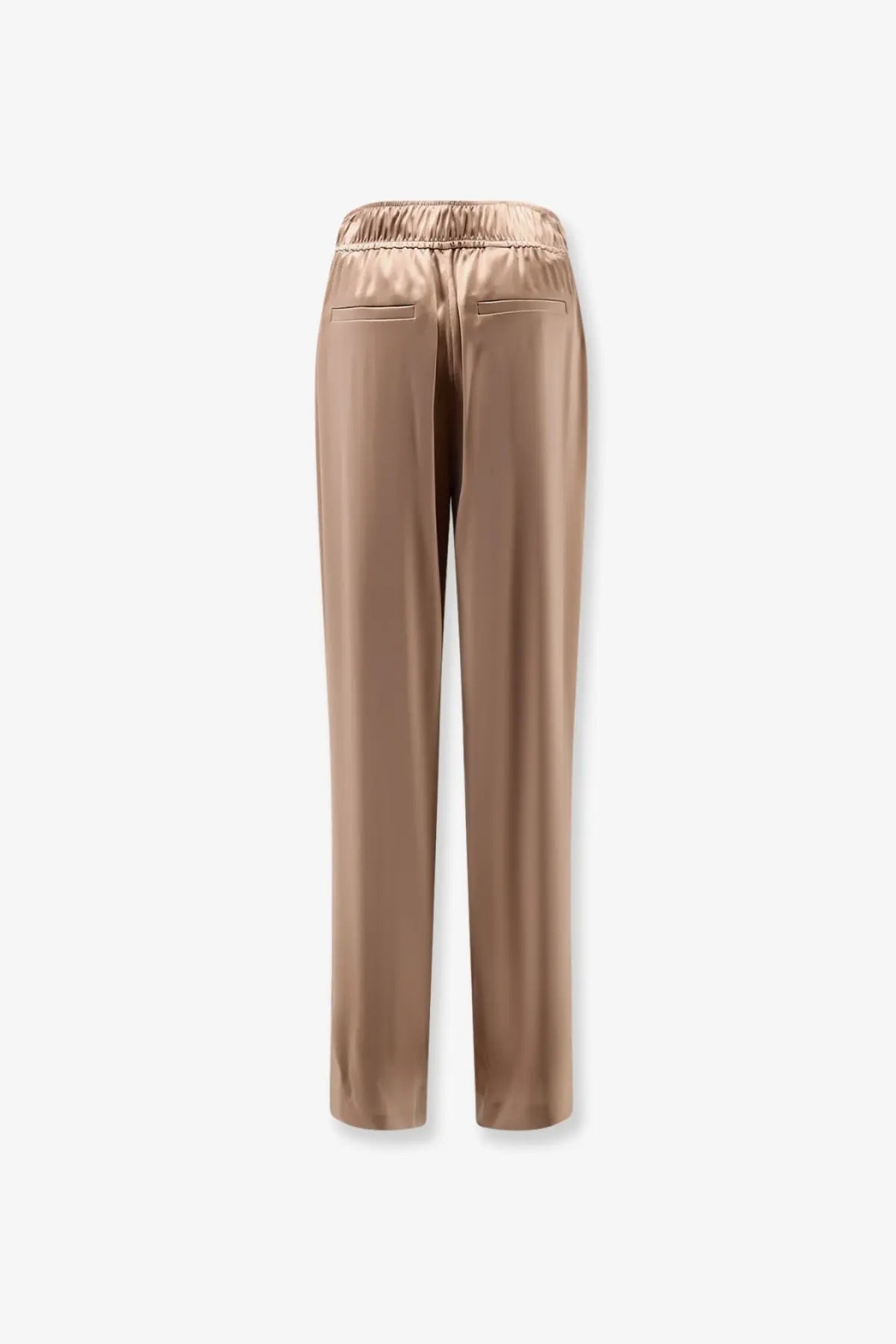 Beige satin brunello cucinelli women’s silk trousers with elastic waistband and two back pockets shown from the back