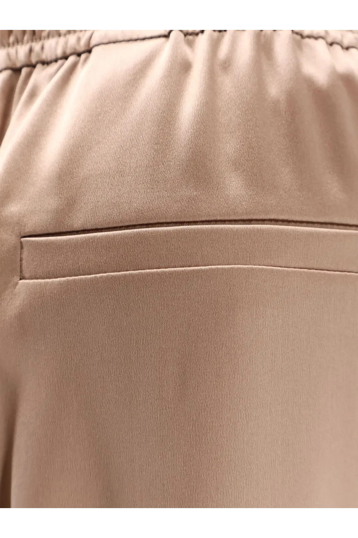 Brunello Cucinelli women’s brown silk trousers with beige satin beige sheen and elastic waistband