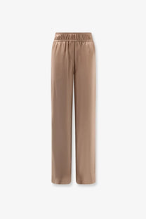 Beige satin wide-leg silk trousers with elastic waistband by brunello cucinelli for women in brown