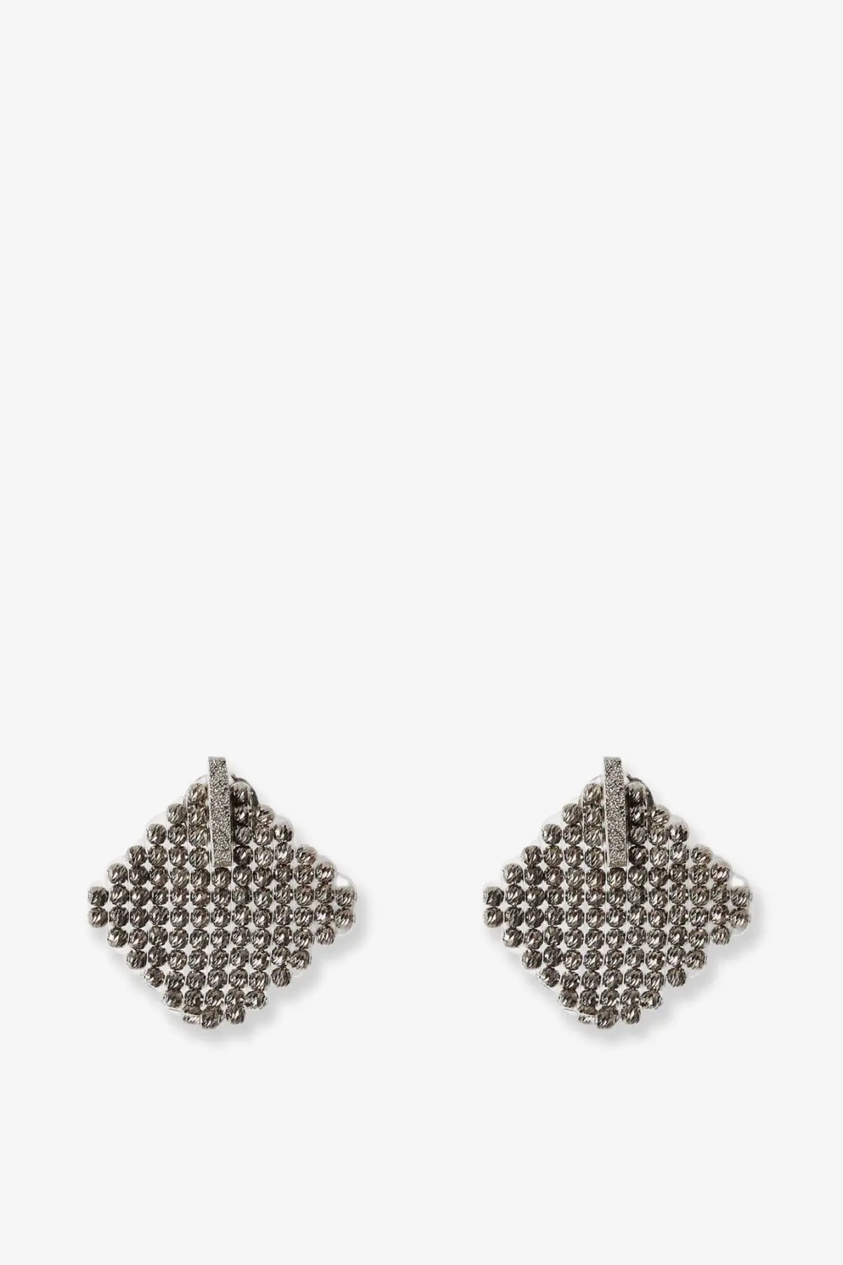 Brunello Cucinelli women’s silver monili stud earrings with diamond-studded geometric beaded design