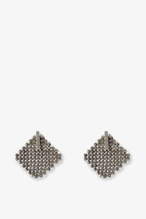 Brunello Cucinelli women’s silver monili stud earrings with diamond-studded geometric beaded design