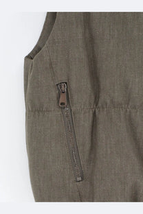 Brunello Cucinelli women’s olive green sleeveless twill denim down jacket with dark gray zipper front closure