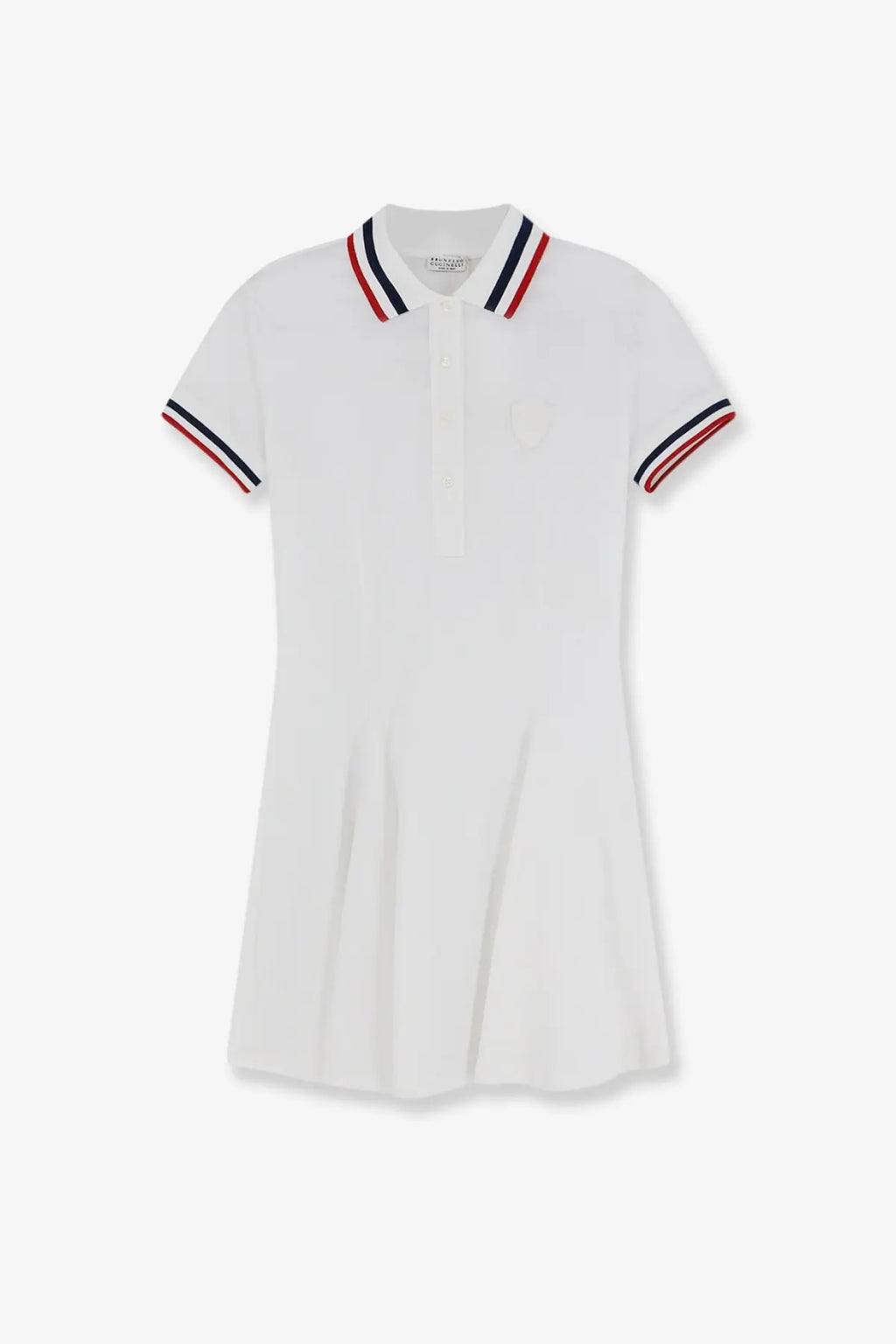 Brunello Cucinelli women’s white stretch cotton piquet mini polo dress with red white and navy striped collar and cuffs