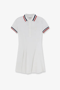 Brunello Cucinelli women’s white stretch cotton piquet mini polo dress with red white and navy striped collar and cuffs