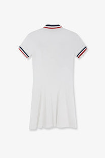 White short-sleeved Brunello Cucinelli mini dress in stretch cotton piquet with navy red and white striped trim