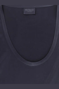 Dark gray brunello cucinelli women’s stretch silk tank top with smooth fabric and simple rounded neckline