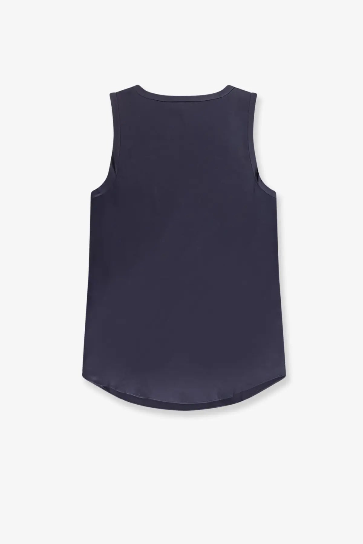 Brunello Cucinelli women’s stretch silk sleeveless navy blue tank top with rounded neckline and curved hem
