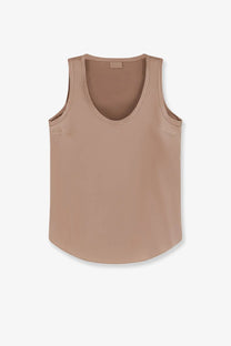 Brunello Cucinelli women’s stretch silk tank top in taupe with sleeveless design rounded neckline and side pockets